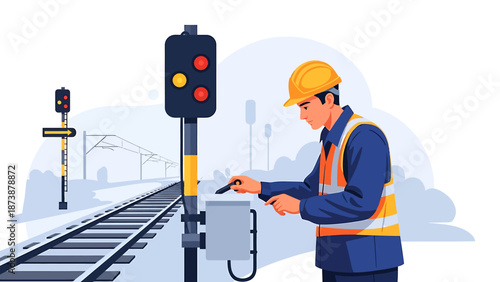 Railway worker in safety vest and hard hat inspecting signal equipment.