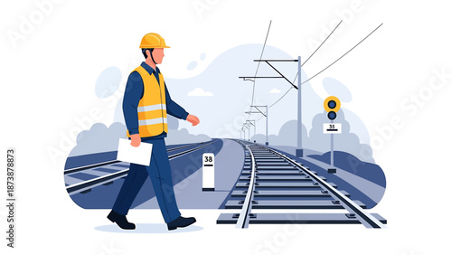 Railway worker in safety vest and hard hat inspecting tracks.