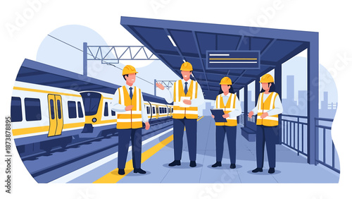 Team of engineers overseeing train station operations.