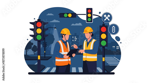 Two construction workers discussing plans at a traffic intersection.