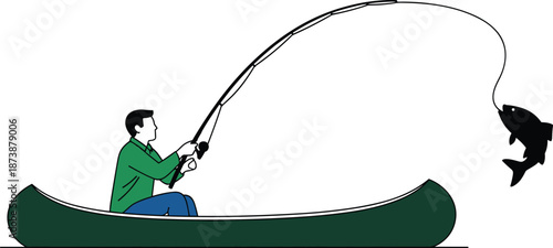 Fishing, canoe, outdoor, adventure, sport, icon, symbol, rod, catch, vector, illustration, CAD, drawing, design