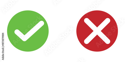Green tick and Red cross icons on white background. Approval and wrong sing on white page. Positive and negative checkmark icons set . EPS 10. 