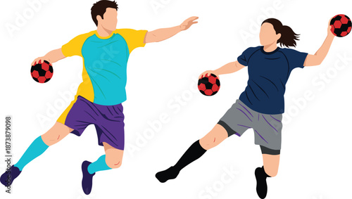 Handball illustration, sports action, jump shot, athletic motion, dynamic pose, throw, game, energy, vector, competition, team, ball, active, silhouette, training