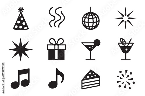 Set of twelve black solid icons featuring celebration elements like gift boxes cocktails cake slice music notes and disco ball design.