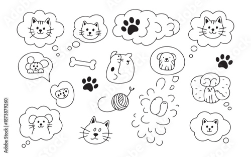Doodle set of cute cats dogs mice bones yarn balls and paw prints for animal lovers