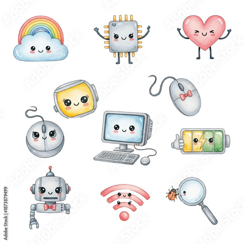 A cute collection of funny cartoon animal characters smiling together in a playful and colorful style