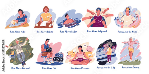 Rise Above people set with motivational scenes, symbolic rise moments, emotional rise themes, cartoon doodle style, positive mood, clean lines, vector illustration.