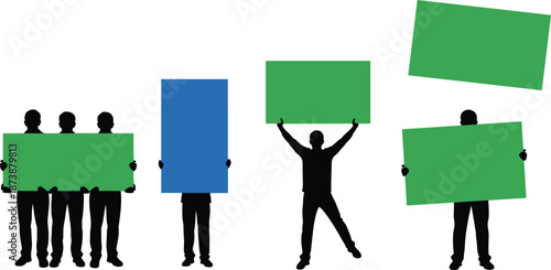 Protest silhouette illustration, people holding signs, activism, demonstration, unity, group action, public voice, green, blue, message, social movement, awareness, crowd, placards, bold