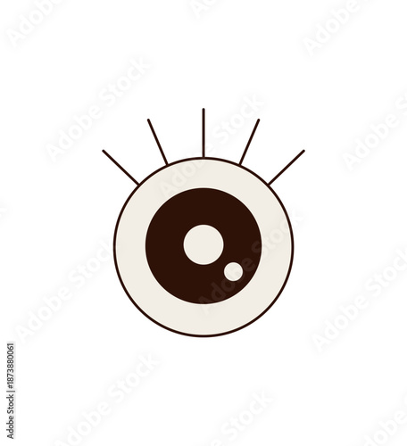 Groovy y2k funky eye sticker icon in cartoon graphic style with black circle and pop face details. Groovy element for retro label and playful graphic. Cool icon for vintage or trendy sticker use,