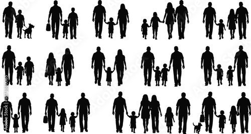 Silhouette vector illustration of diverse family groups walking together, holding hands, with children and pets, symbolizing love, care, and companionship