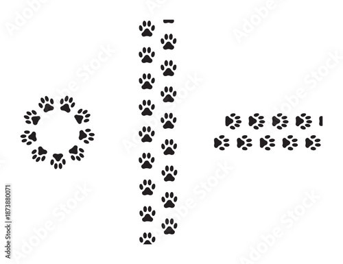 Dog paw print border and circle frame collection with animal footprint silhouettes for creative design and layout