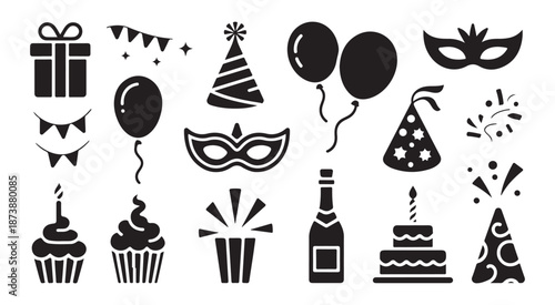 A comprehensive set of birthday and party celebration icons including gifts, masks, and confetti