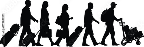 Silhouette vector illustration of six travelers walking with luggage and cart, representing airport movement, tourism, transportation, and global travel concepts