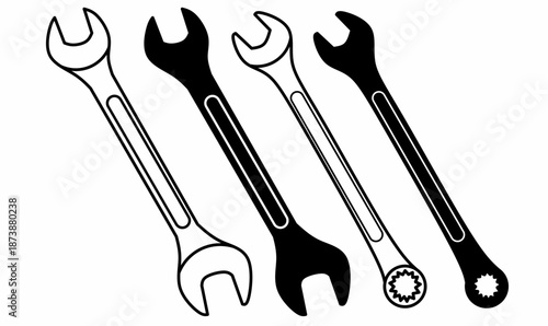 wrench or spanner icon set.The most common shapes are called open-ended spanner and ring spanner in outline and silhouette.for repair, mechanic, engineering, and maintenance icon