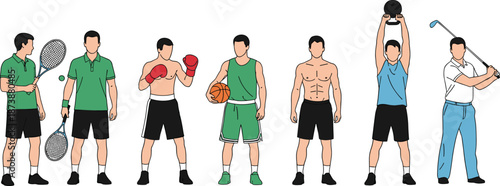 Sport, athlete, fitness, icon, symbol, tennis, boxing, basketball, golf, bodybuilding, vector, illustration, CAD, drawing, design