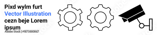 Gears for machinery or teamwork, camera for security or surveillance, cap for education or graduation. Ideal for industry, teamwork, monitoring, achievement, study, safety simple landing page