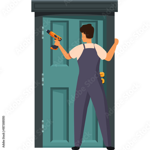 Person installing a door with a drill