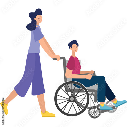 Person pushing another person in a wheelchair
