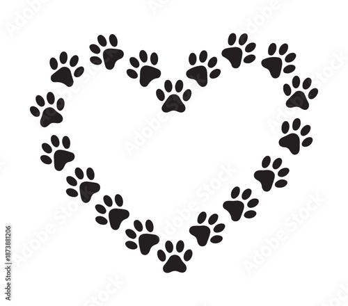 Heart shape made of paw prints isolated on white background symbol for love and pets veterinary animal care and adoption concept design