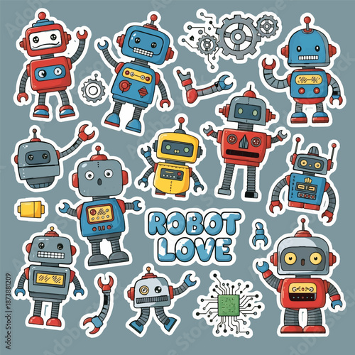 A fun vector collection of retro cartoon robots and playful monster characters for games and illustrations