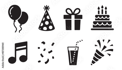 Birthday celebration symbols collection with balloons party hat gift box tiered cake music note and confetti spray
