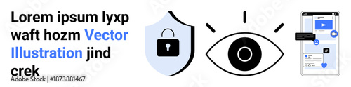 Cybersecurity, privacy, data protection, mobile security, user authentication, technology. Shield with lock, eye symbol and smartphone interface. Cybersecurity and privacy visualization