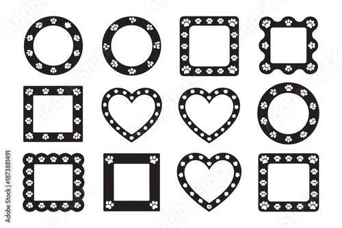 Set of decorative black pet paw prints frames various shapes including wavy edges round square heart silhouette borders vector