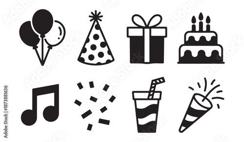 Black and white vector illustration set of party and celebration icons including balloons, cake, and gifts