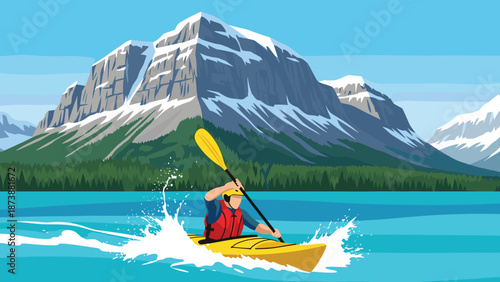 Kayaking adventure on turquoise mountain lake with paddler, forest and snowcapped peaks, outdoor water sport illustration isolated on white background