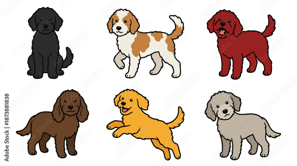 Fototapeta premium Goldendoodle and Labradoodle vector set showing different coat colors. Cute puppy collection including red black and brown fur. Mixed breed dog characters isolated on white background.