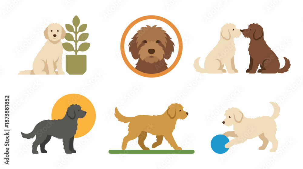 Obraz premium Goldendoodle flat vector illustration set. Cute puppy playing with ball sitting with plant and sniffing friend. Modern dog character collection for pet lifestyle design isolated on white.