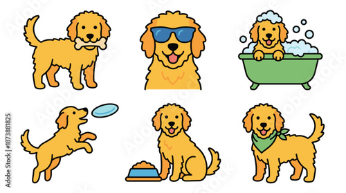 Goldendoodle cartoon character vector illustration set. Cute dog playing with frisbee taking bath and eating food. Funny puppy daily activity collection isolated on white background.