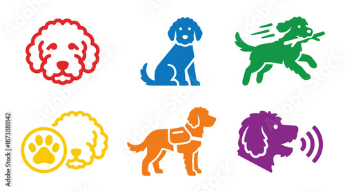 Goldendoodle vector icon set. Colorful dog logo collection showing puppy sitting running and barking for pet shop branding or veterinary clinic symbol isolated on white.