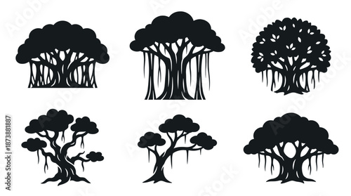 Set of Banyan tree silhouette vector illustration isolated on white background. Black tropical ficus plant collection with hanging aerial roots and thick trunk for nature landscape design.
