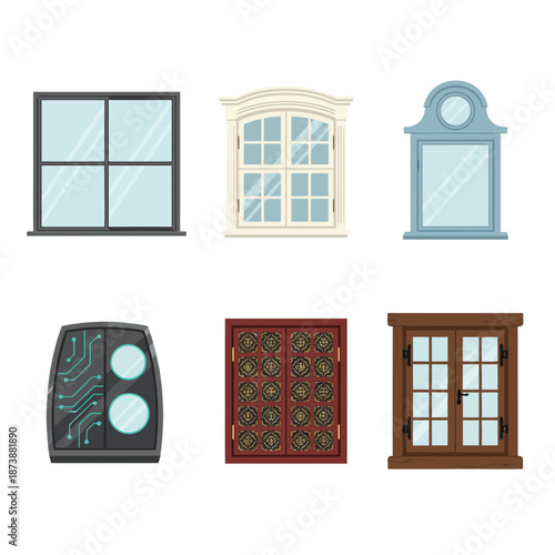 Collection of various window designs and architectural styles, including modern, vintage, and decorative options