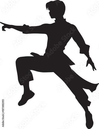 Silhouette of a person in a dynamic martial arts pose, pointing with one hand and lifting a leg, evoking movement and focus.