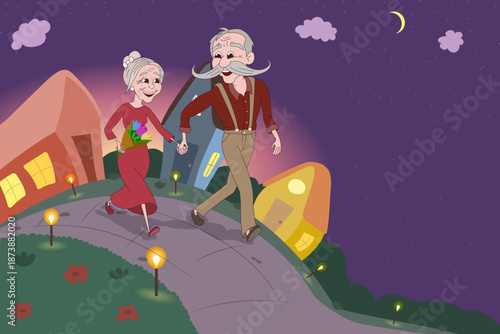 Happy senior couple walking on a romantic evening date