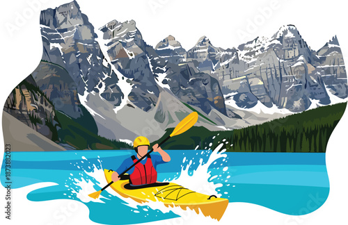 Kayaking adventure on turquoise alpine lake with paddler, pine forest and dramatic snowcapped mountain peaks, outdoor water sport illustration