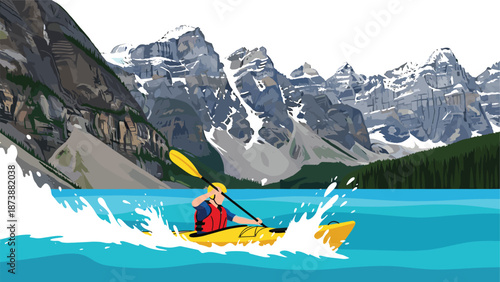 Kayaking adventure on turquoise mountain lake with snowy peaks and forest landscape isolated on white background flat vector illustration