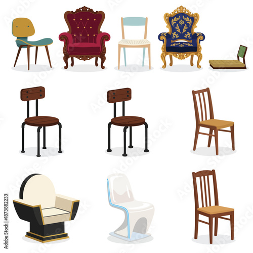 Collection of diverse chairs showcasing a variety of styles and eras