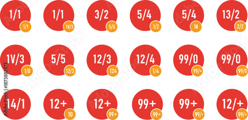 Notification badge numbers icon set showing alerts counters fractions and plus symbols, modern UI app interface elements isolated on white background