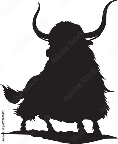 Black silhouette of a powerful yak with prominent horns and shaggy fur, embodying a warrior spirit.