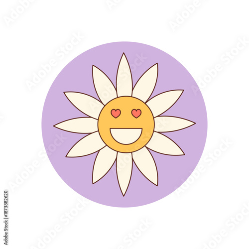 Groovy cartoon daisy flower sticker label in retro style with a yellow smile and pink heart details. Circle seal for package or box lid, playful y2k mood, ideal for fun and positive product