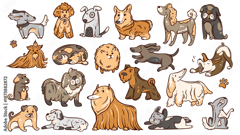 Fototapeta premium Dogs outline set in cartoon doodle style with various poses: sitting, running, stretching, sleeping, lying, yawning, playing. Cute colored dogs for stickers, kids design, cards. Vector illustration.
