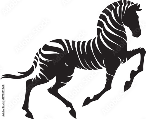 A striking black and white silhouette of a stylized zebra, captured in a dynamic pose, featuring elegant stripes that evoke a sense of power and a warrior spirit.