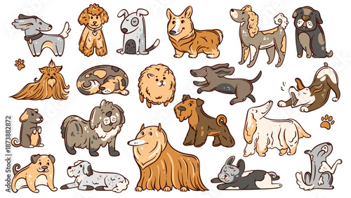 Dogs outline set in cartoon doodle style with various poses: sitting, running, stretching, sleeping, lying, yawning, playing. Cute colored dogs for stickers, kids design, cards. Vector illustration.