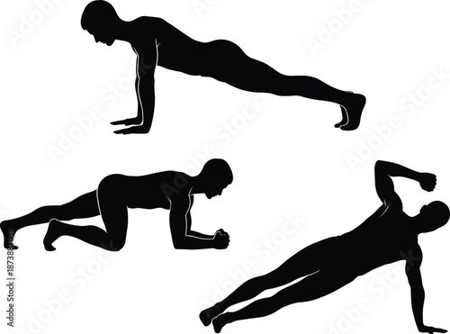 Plank exercise silhouette set showing core strength workout positions, bodyweight fitness training poses illustration isolated on white background