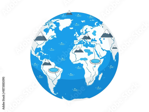 Stylized Earth Globe with Simplified Icons Representing Mountains, Lakes, and Geographical Features