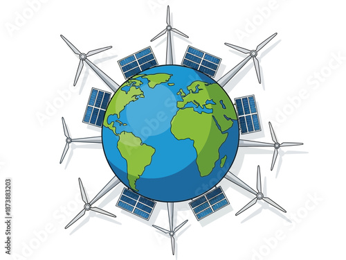 Sustainable Energy A Globe Surrounded by Solar Panels and Wind Turbines for a Greener Future