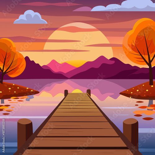 Peaceful autumn sunset over a lake with a wooden dock

